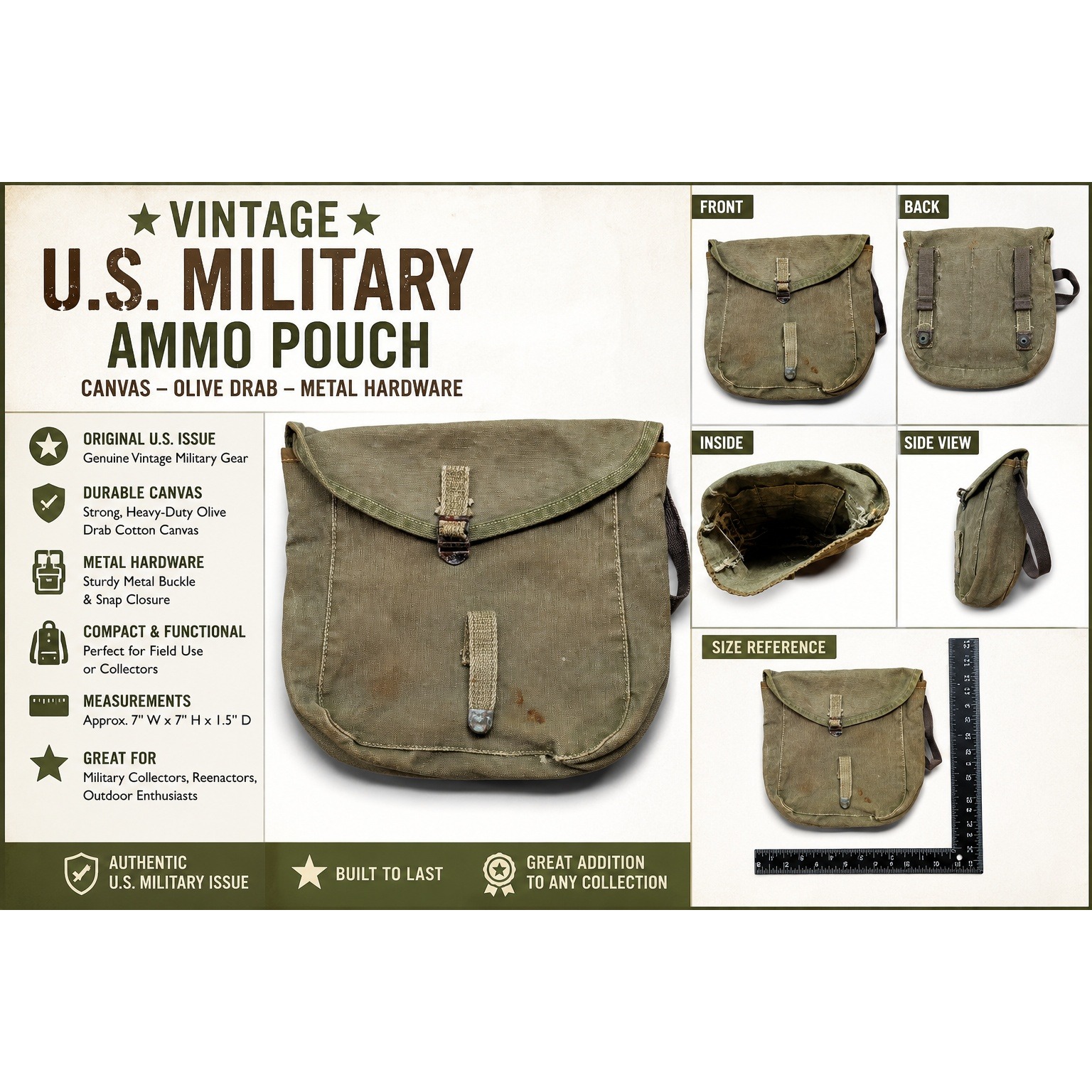 Vintage Military Canvas Messenger Bag Olive Drab Green Field Pouch Ammo Bag